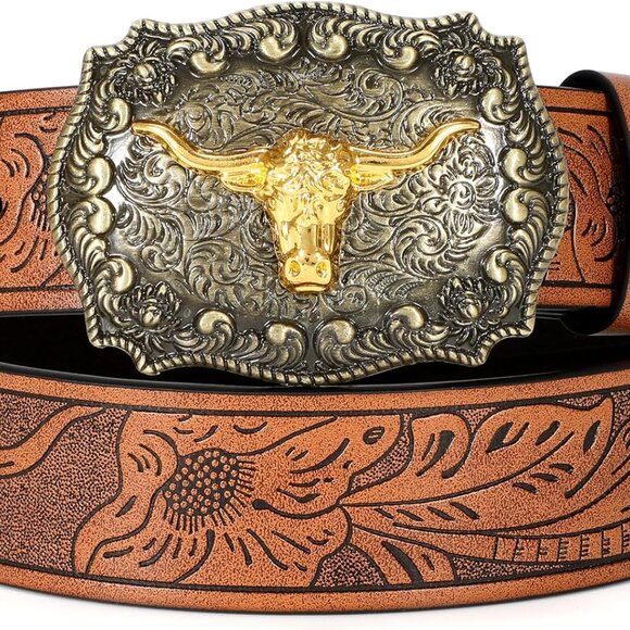 Western Belt Faux Leather Floral Embossed Buckle Cowgirl Cowboy Accessory - Picture 1 of 8